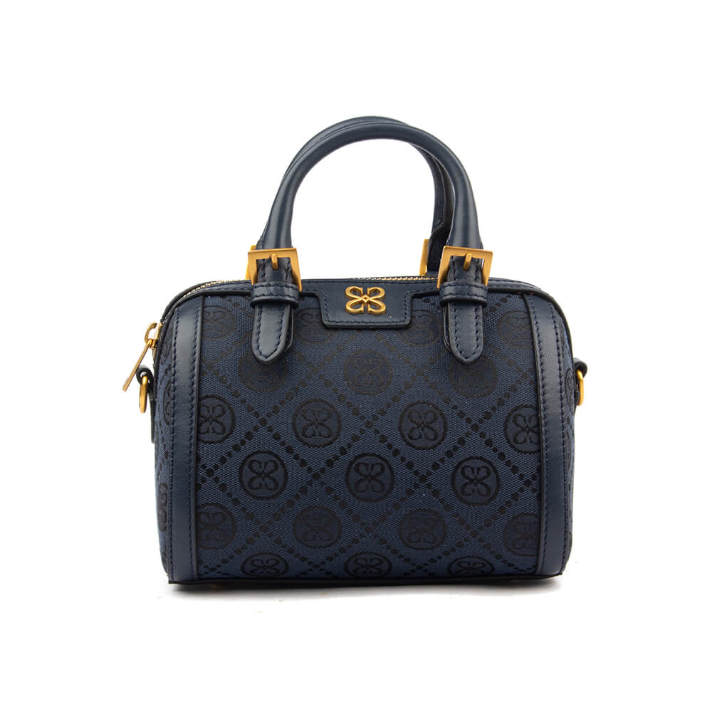 Navy blue monogram jacquard mini boston bag with gold hardware and logo emblem