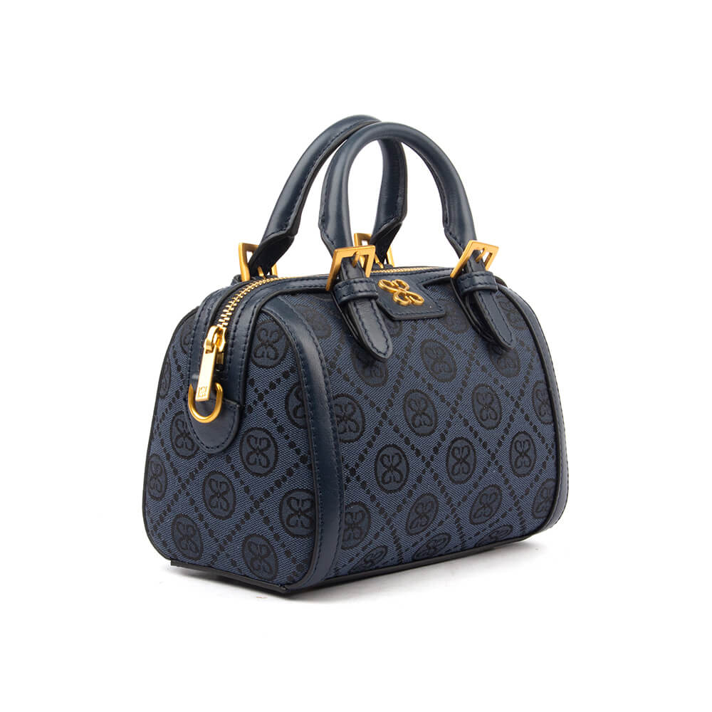 Women's navy logo print mini satchel with leather trim and gold buckle detail