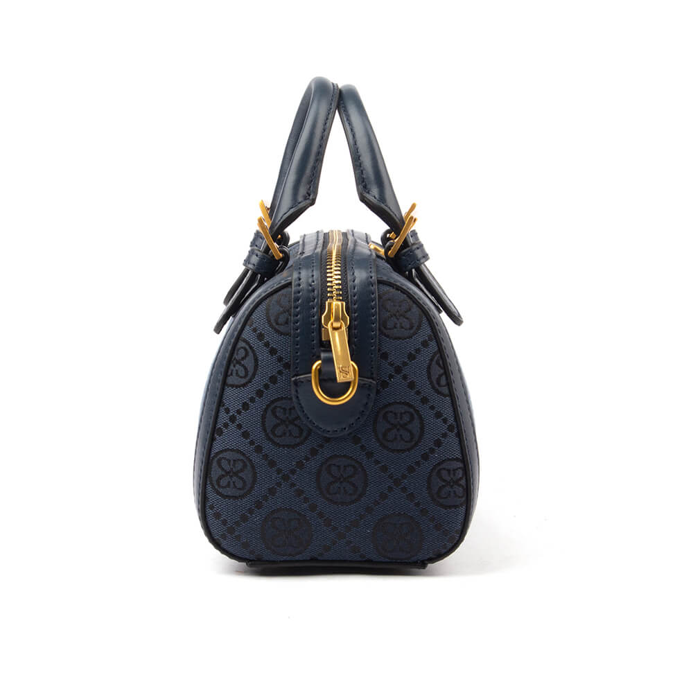 Mini navy monogram canvas bag with all-over logo pattern and gold hardware
