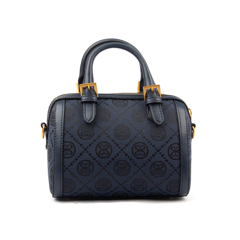 Small navy jacquard monogram top handle bag with leather trim and zip closure