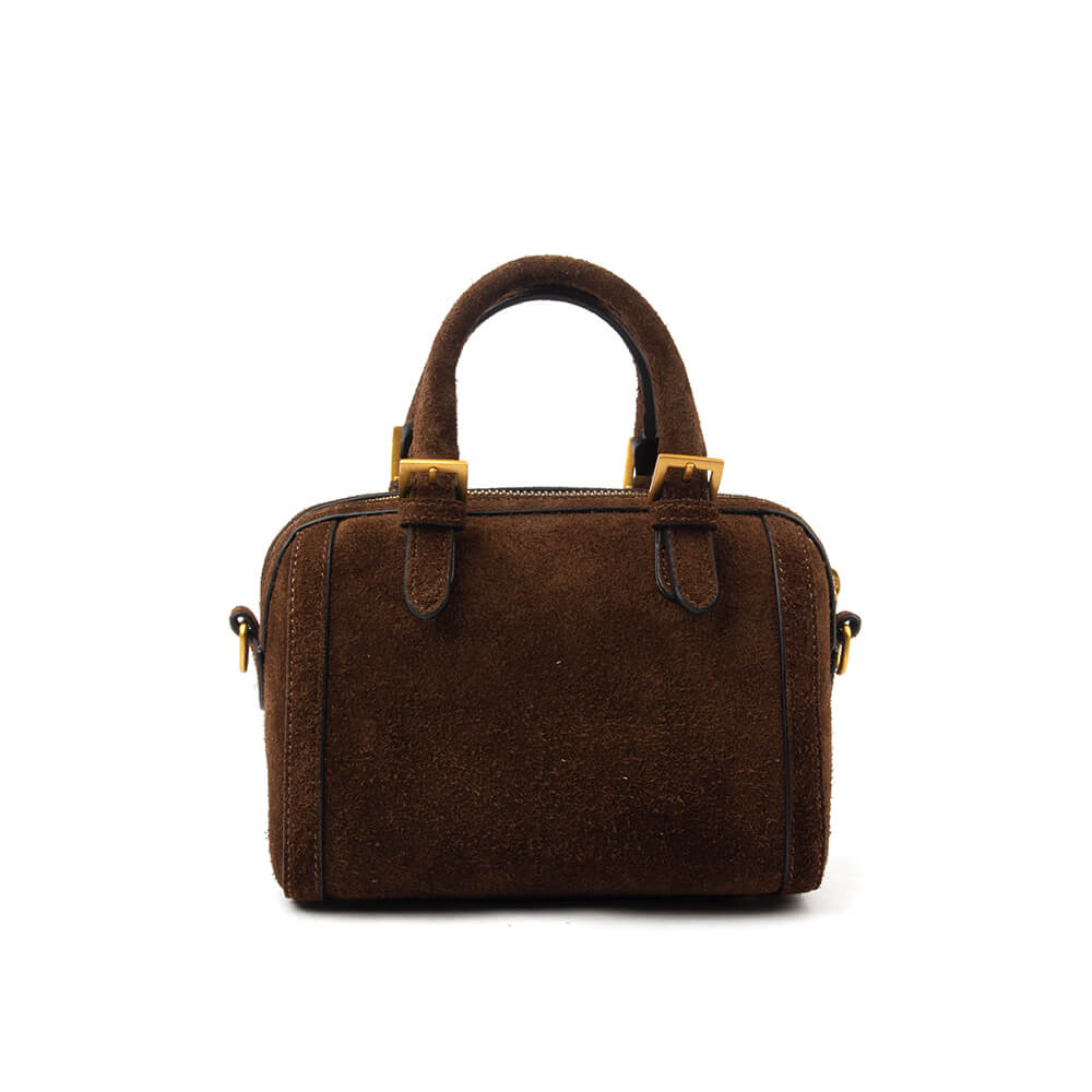 Soft suede brown mini boston bag with zip closure gold buckle and logo charm
