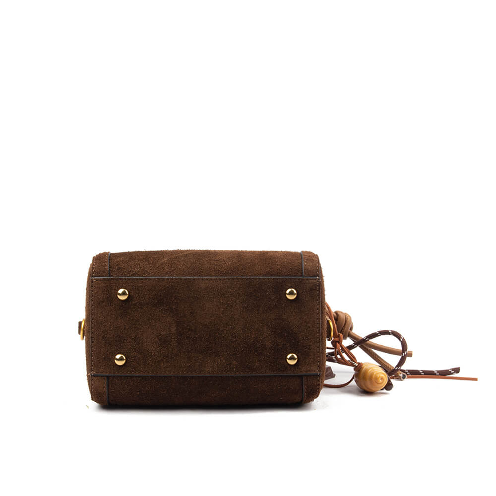 Cute mini brown suede top handle satchel with logo and decorative charm set