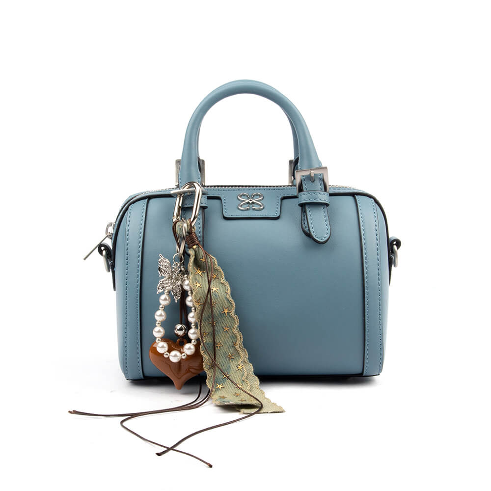 Steel blue leather mini boston bag with pearl charm and lace ribbon accessory