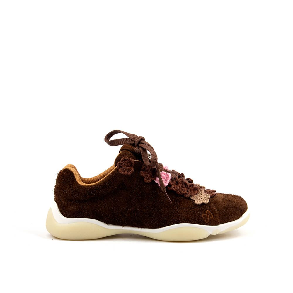 Women's crochet flower suede sneakers cocoa bloom chocolate brown