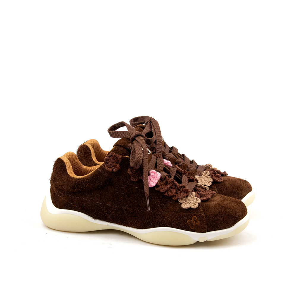 Chocolate brown suede trainers with handcrafted crochet flower detail