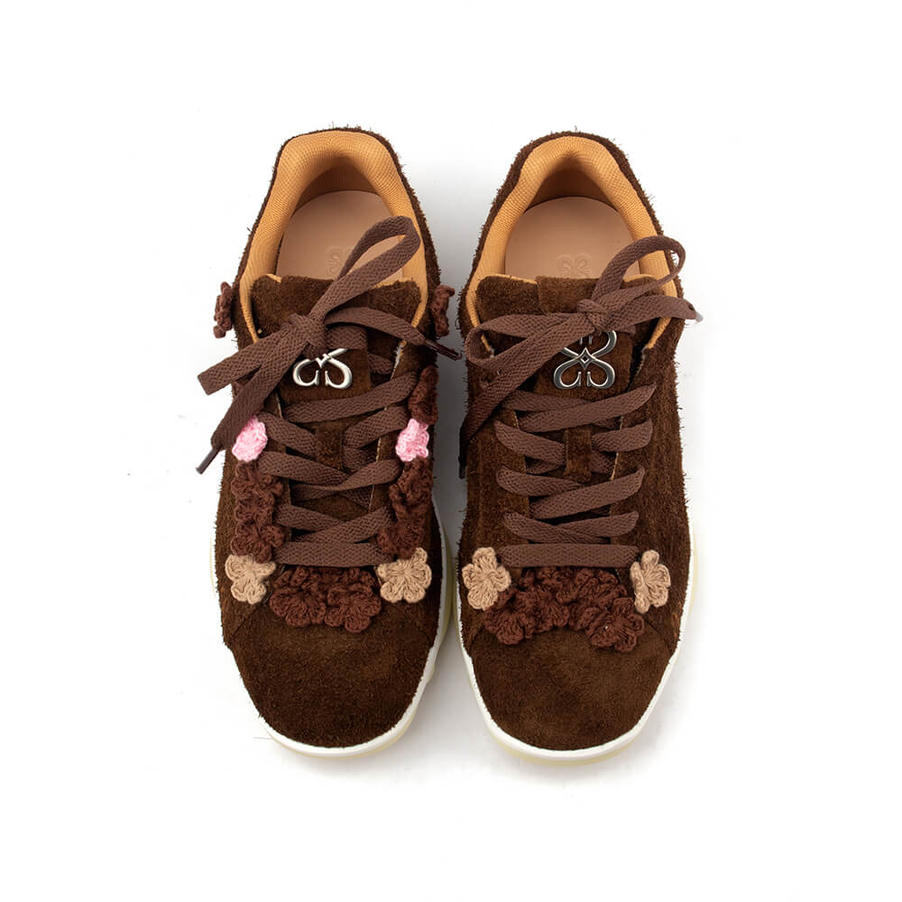Boho floral embellished suede sneakers brown blush pink crochet women