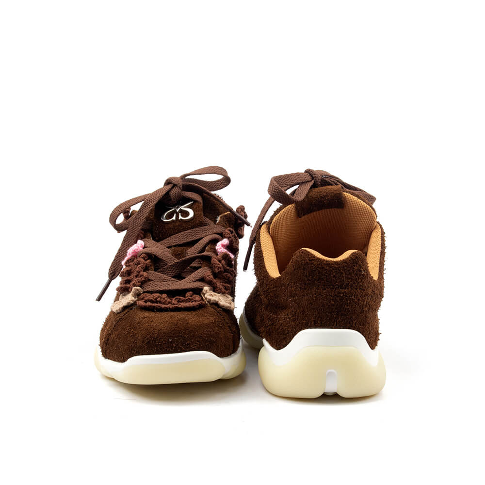Women's artisan crochet flower lace-up trainers chocolate suede