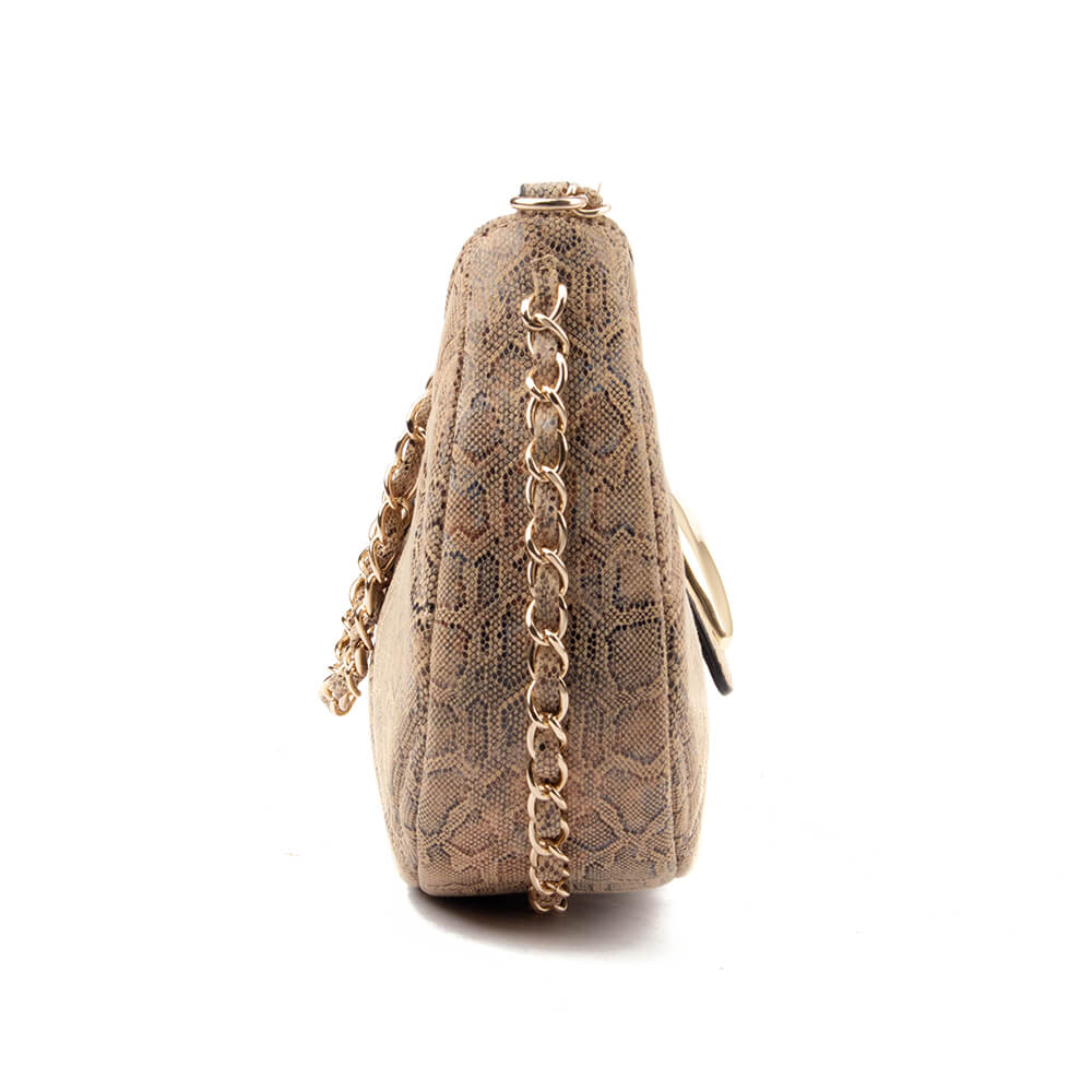 nake embossed faux leather crescent bag tan with chunky gold buckle clasp
