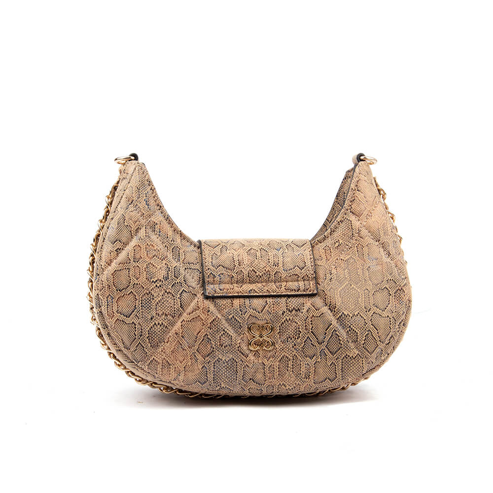 Women's tan snakeskin crescent shoulder bag gold chain strap buckle clasp