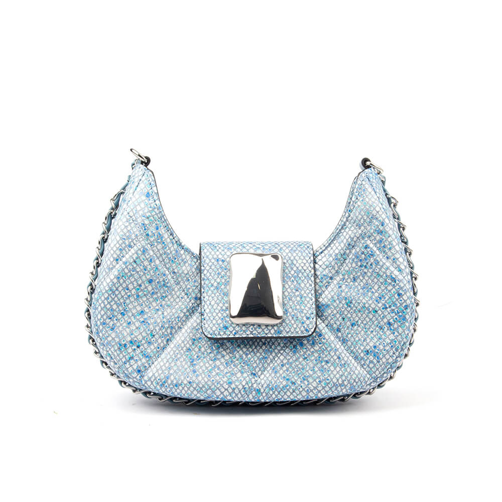 Blue sequin snake print crescent bag with silver chain strap and buckle clasp