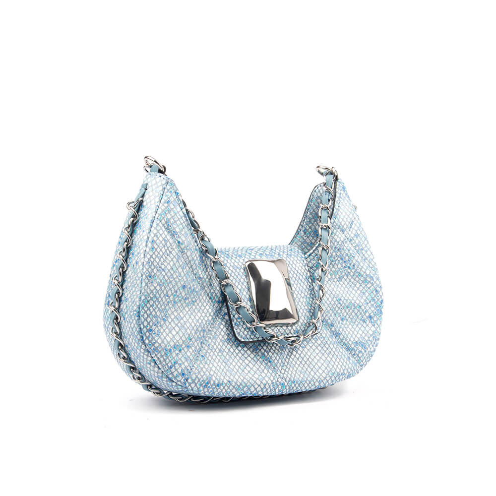 Glamorous blue sequin crescent bag with silver chain for party or evening wear