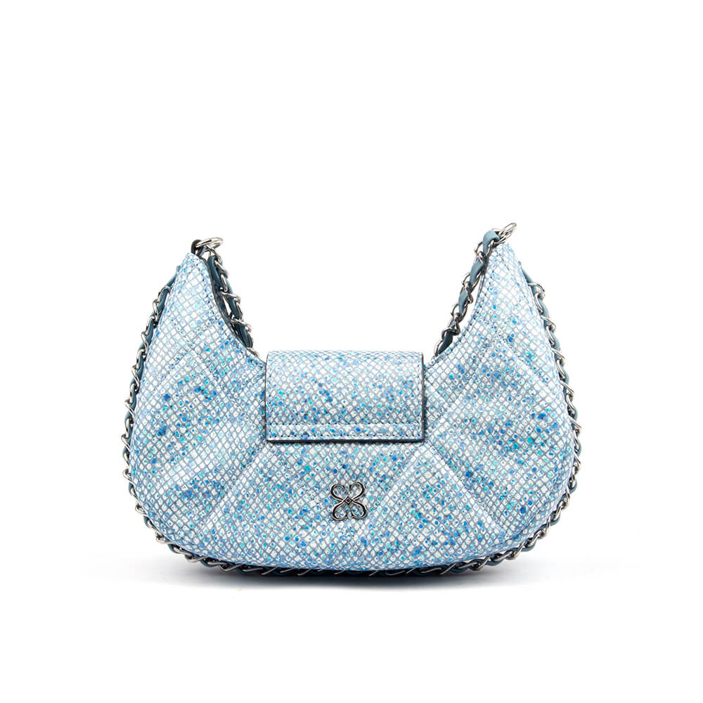 Women's blue sequin snake crescent shoulder bag silver chain strap buckle clasp