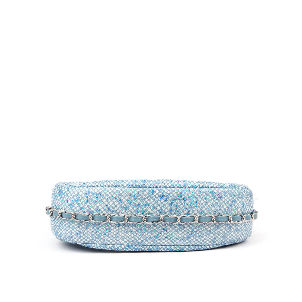 Blue sequin crescent bag silver chain strap