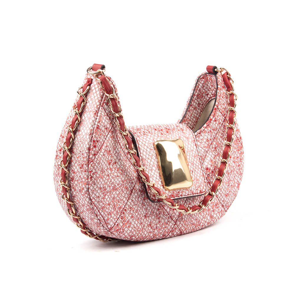 Elegant pink tweed evening bag with gold chain strap and buckle detail