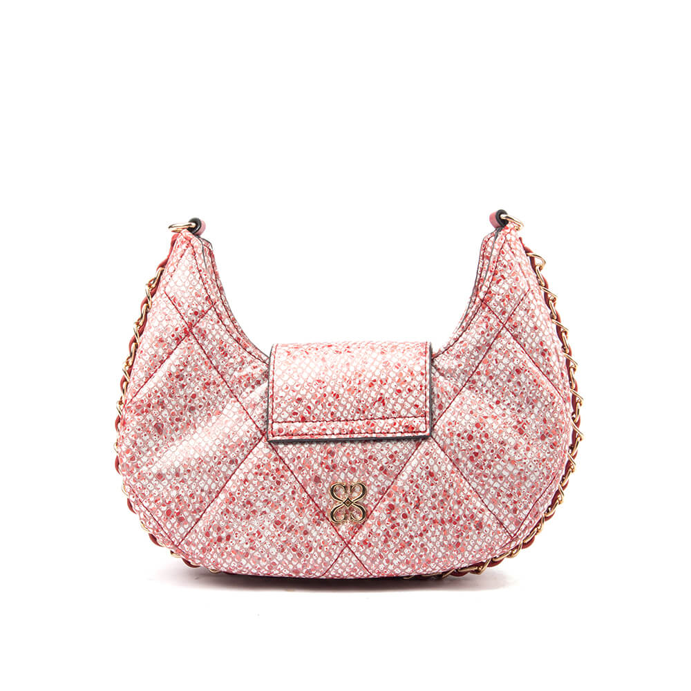 Women's pink tweed crescent shoulder bag gold chain strap and buckle clasp