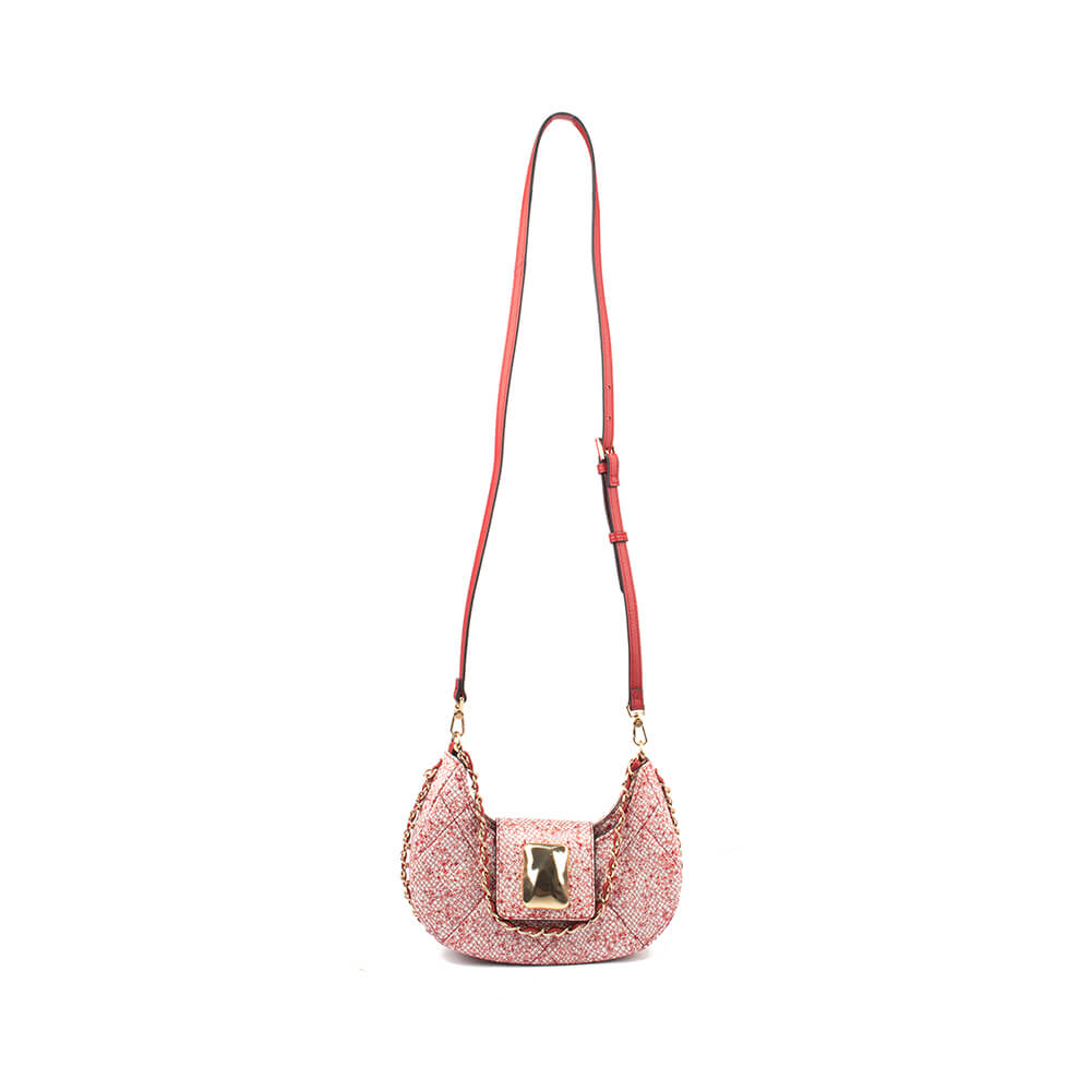 Pink tweed crescent bag gold chain strap