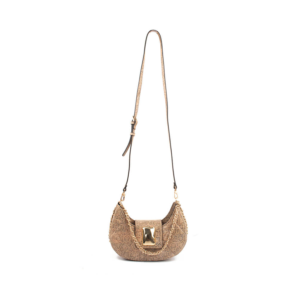 Exotic python print taupe hobo bag with gold hardware and chain for women