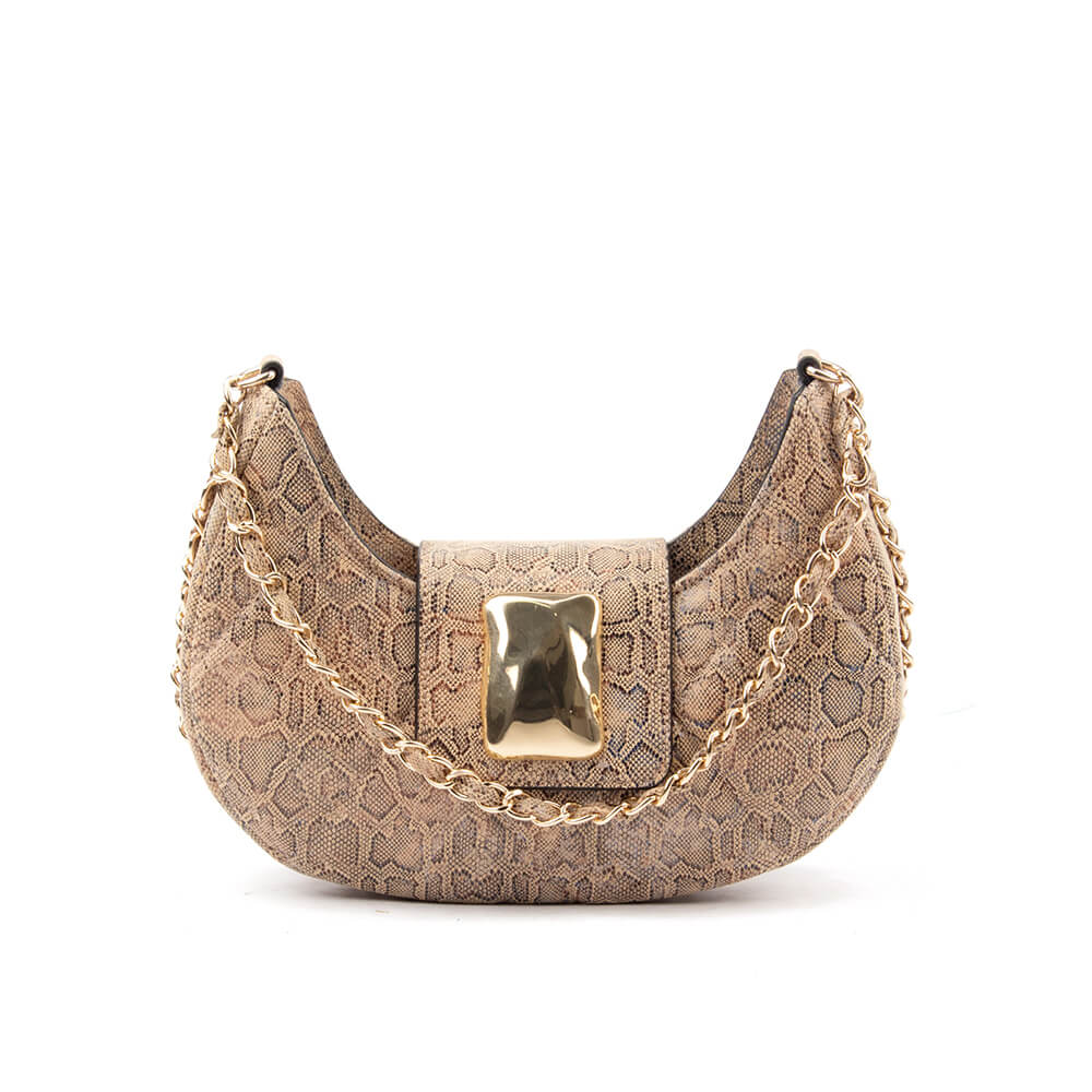Tan snakeskin print crescent shoulder bag with gold chain strap and buckle clasp