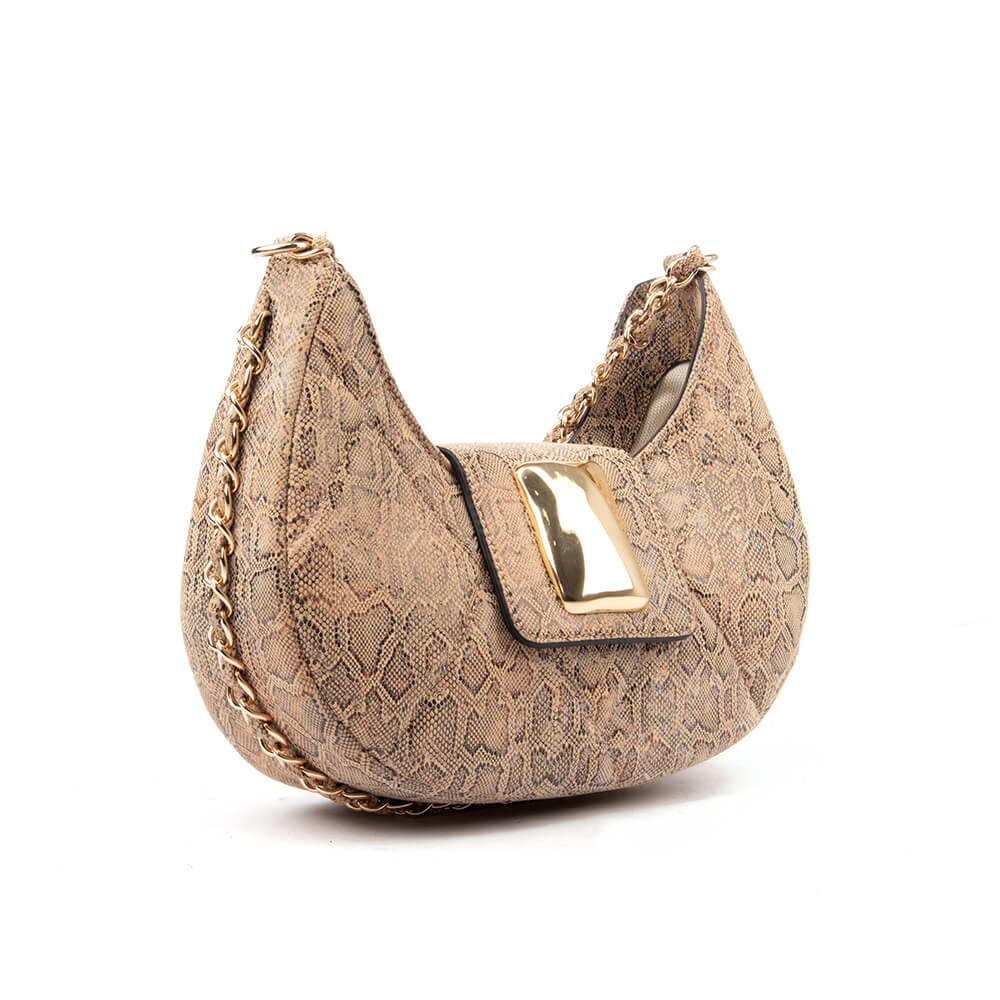 Edgy snake print crescent hobo bag in tan with gold chain for evening wear