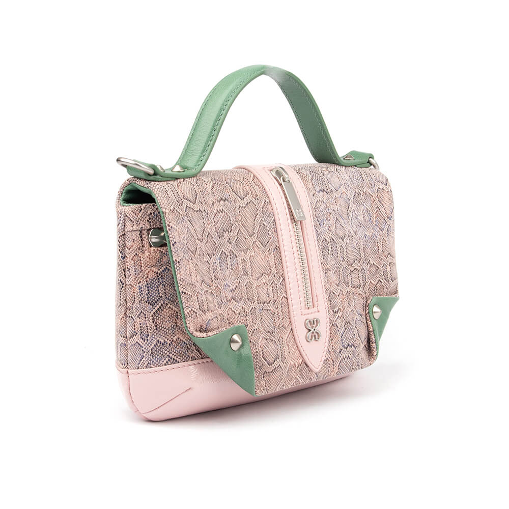 Women's python print mini handbag with zip panel and silver logo hardware