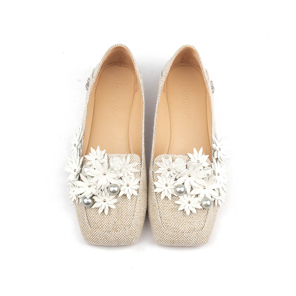 Woven textile square toe ballet flats white floral pearl embellishment