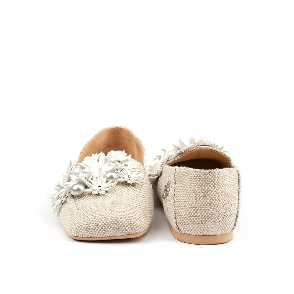 Women's summer ballet flats linen natural white leather flower pearls