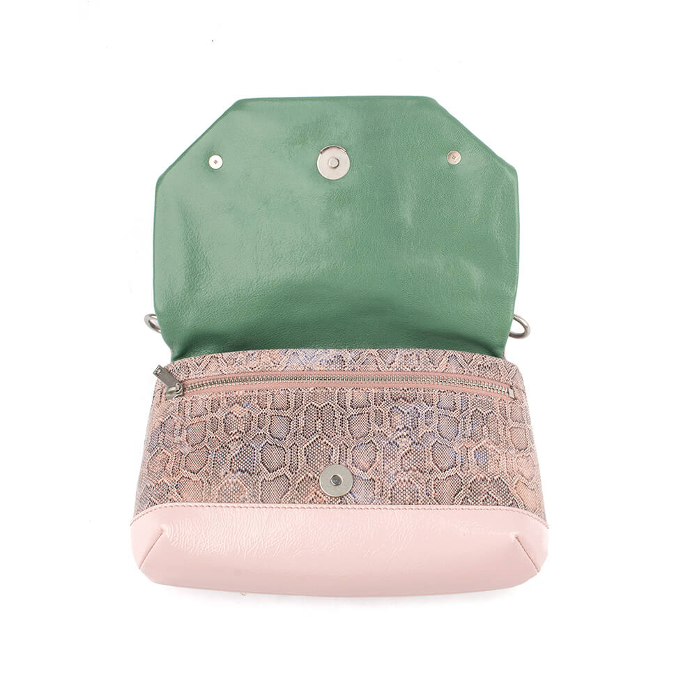 Mini flap bag with python print leather and smooth pink leather base trim