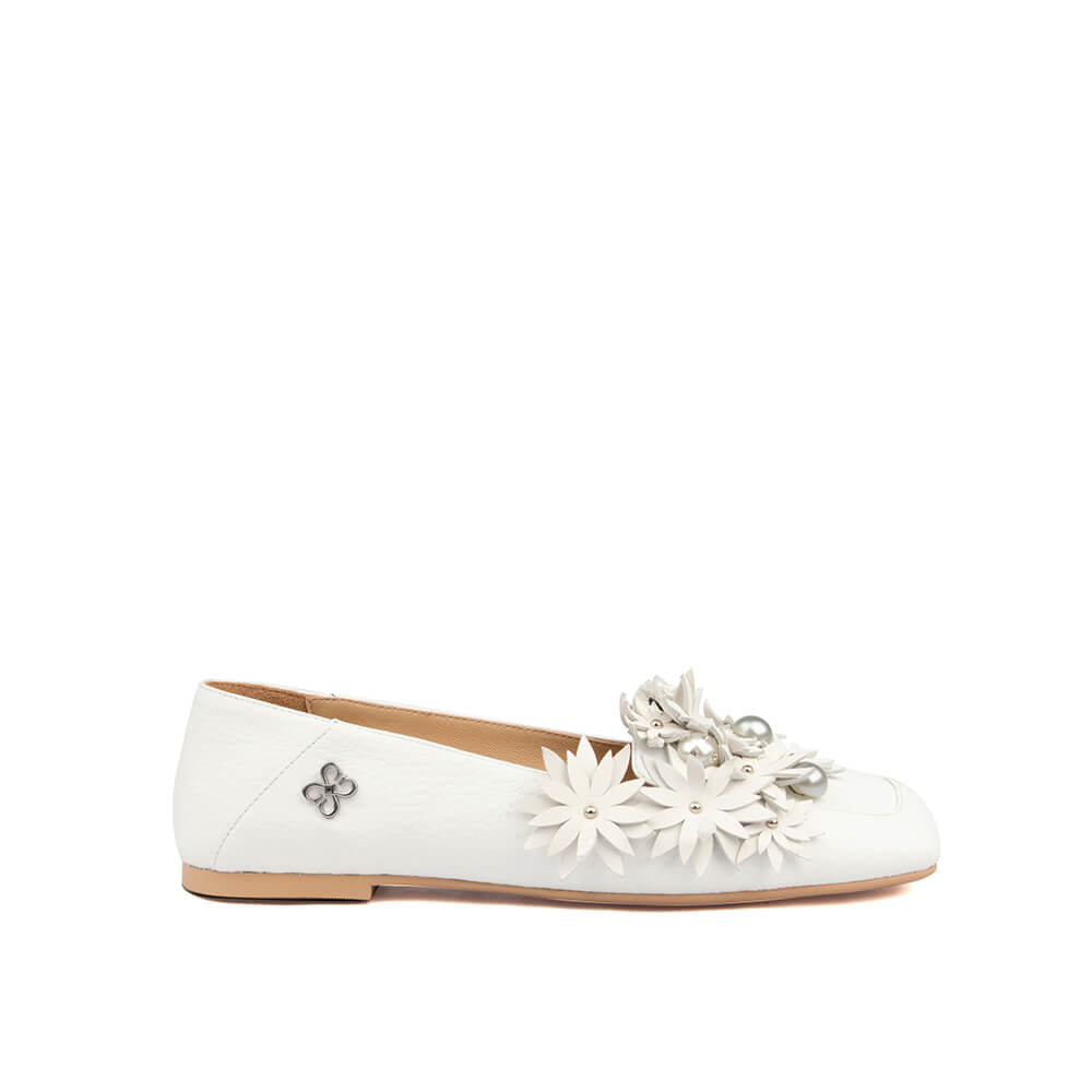 Women's ivory bloom white leather floral pearl ballet flats bridal