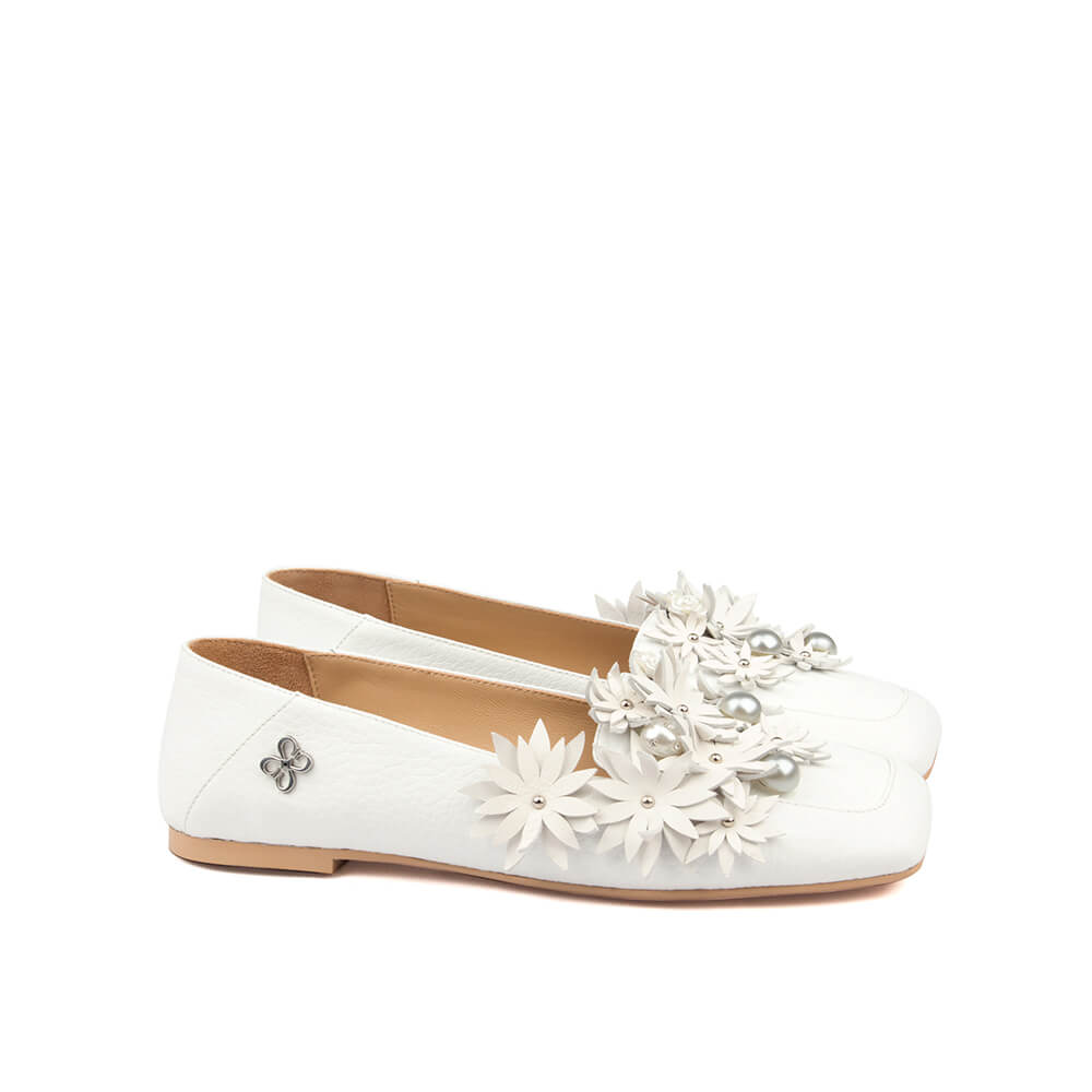 White pebbled leather ballet flats 3D flower pearl embellishment