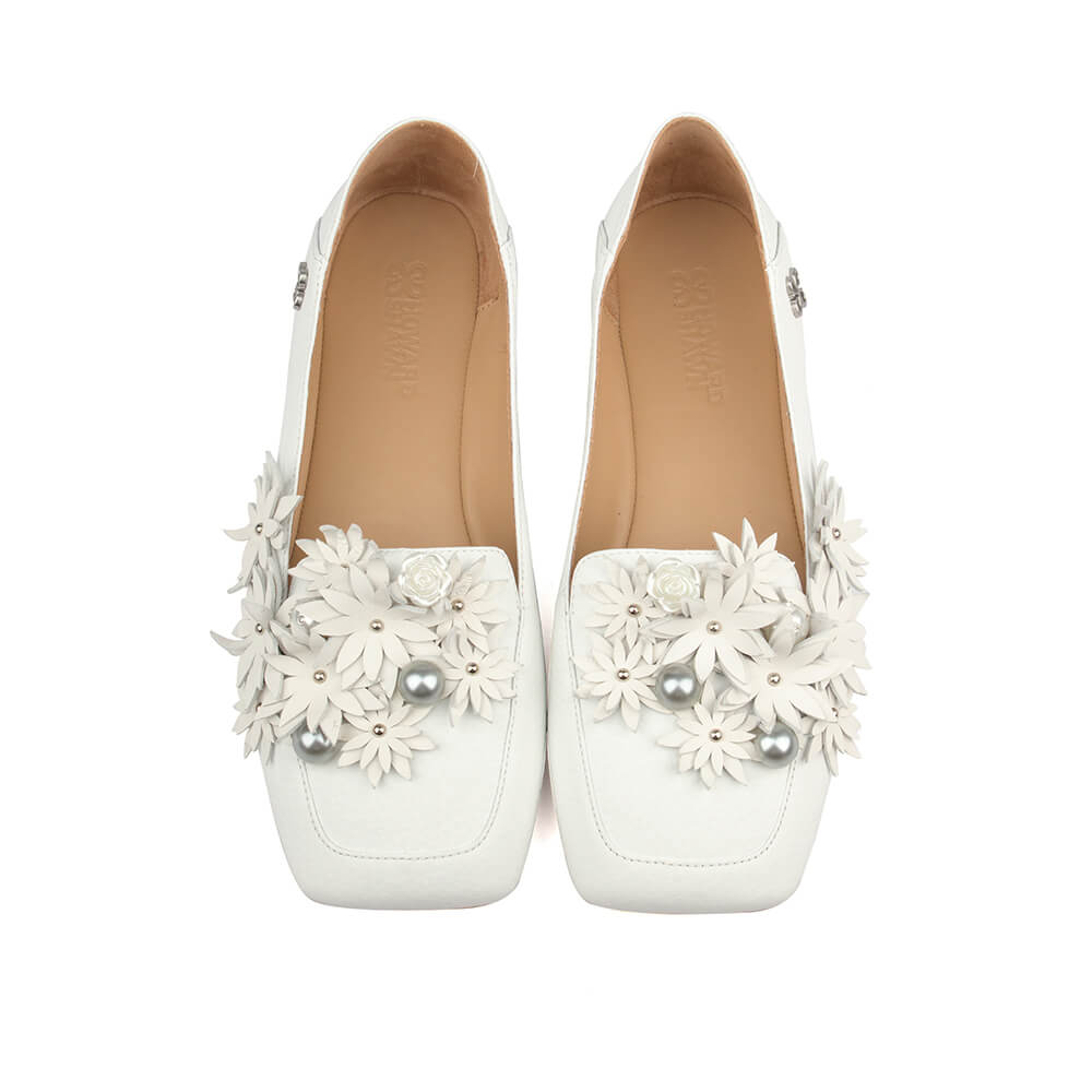 Ivory white square toe ballerina flats with flower cluster and pearls