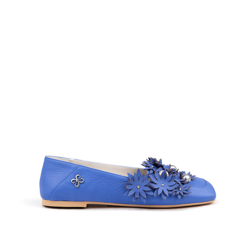 Women's cornflower blue leather floral pearl ballet flats