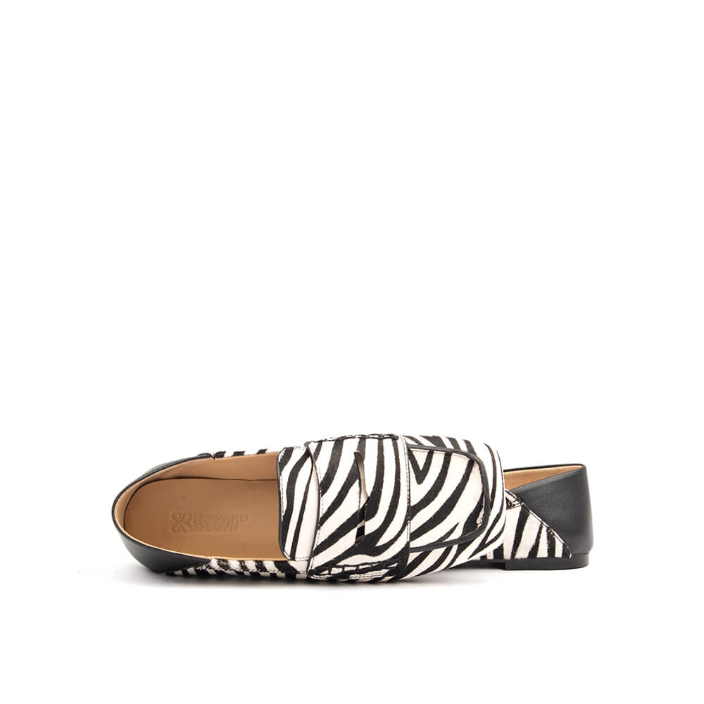 Zebra pattern loafers with black leather heel
