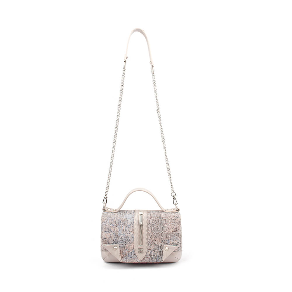 Python embossed flap bag in pearl colorway with removable shoulder strap