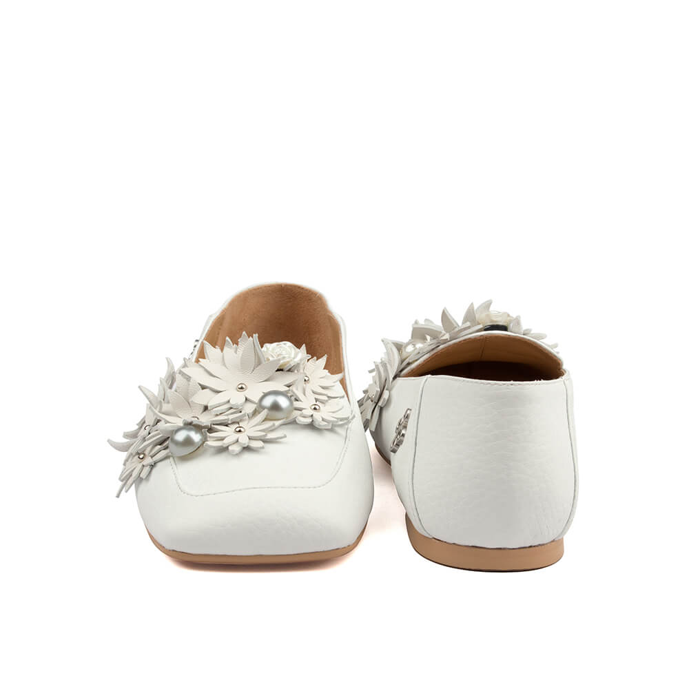 Women's bridal ballet flats white leather floral pearl embellished