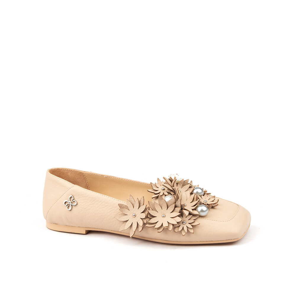 Women's nude petal beige leather floral pearl ballet flats