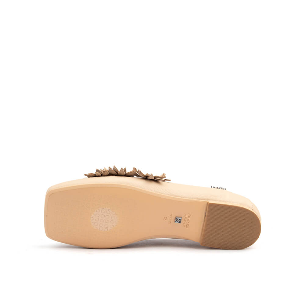 Tonal nude leather flats with sculptural daisy flower silver pearl
