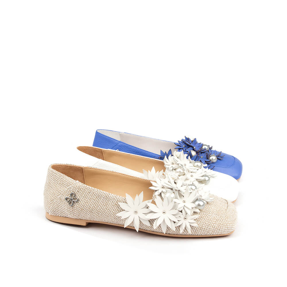 Beige pebbled leather square toe flats flower pearl vamp embellishment