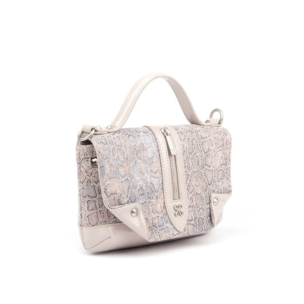 Women's iridescent python print handbag in cream with silver zip detail