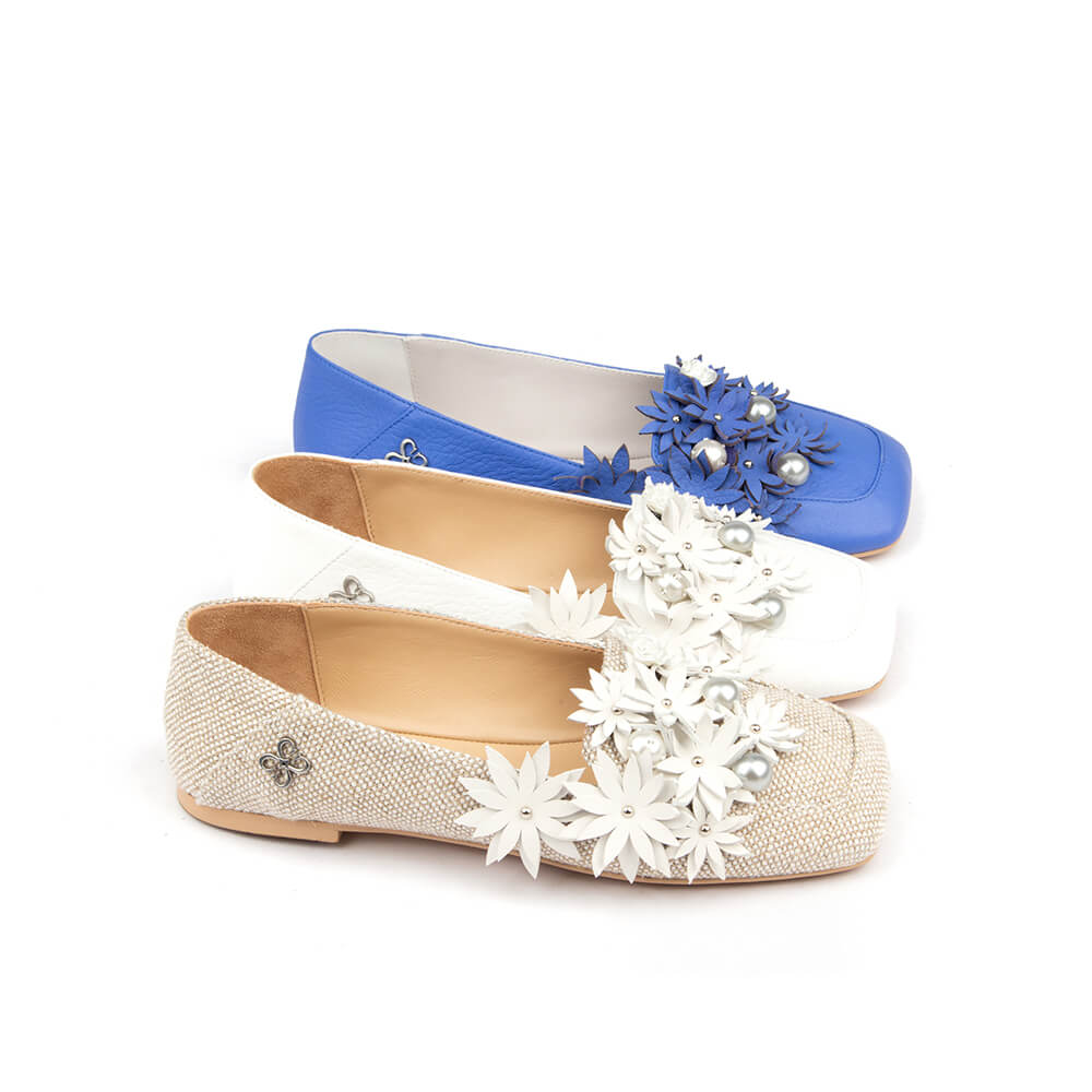 Women's everyday occasion flats nude petal leather 3D floral pearl