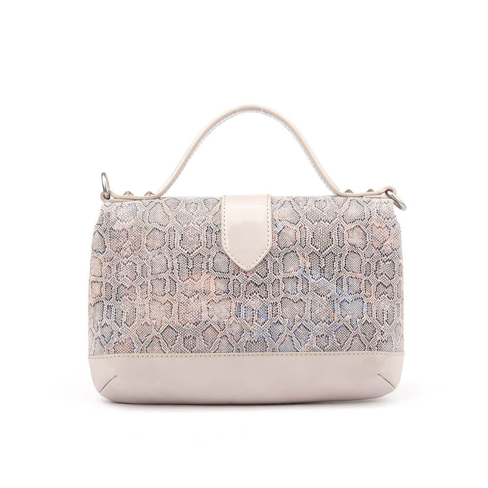 Cream and silver snake embossed leather bag with front zip panel