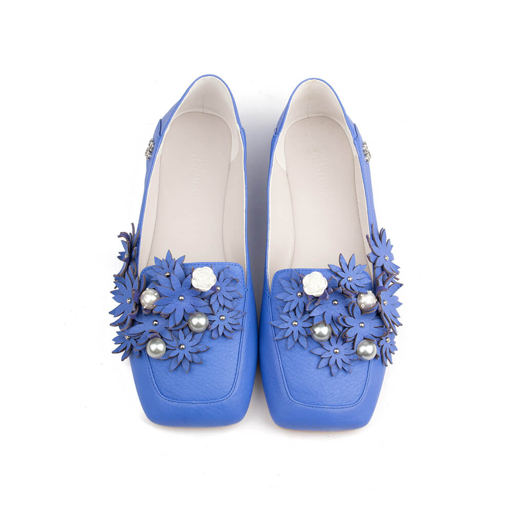 Blue leather square toe ballerina flats with flower cluster and pearls