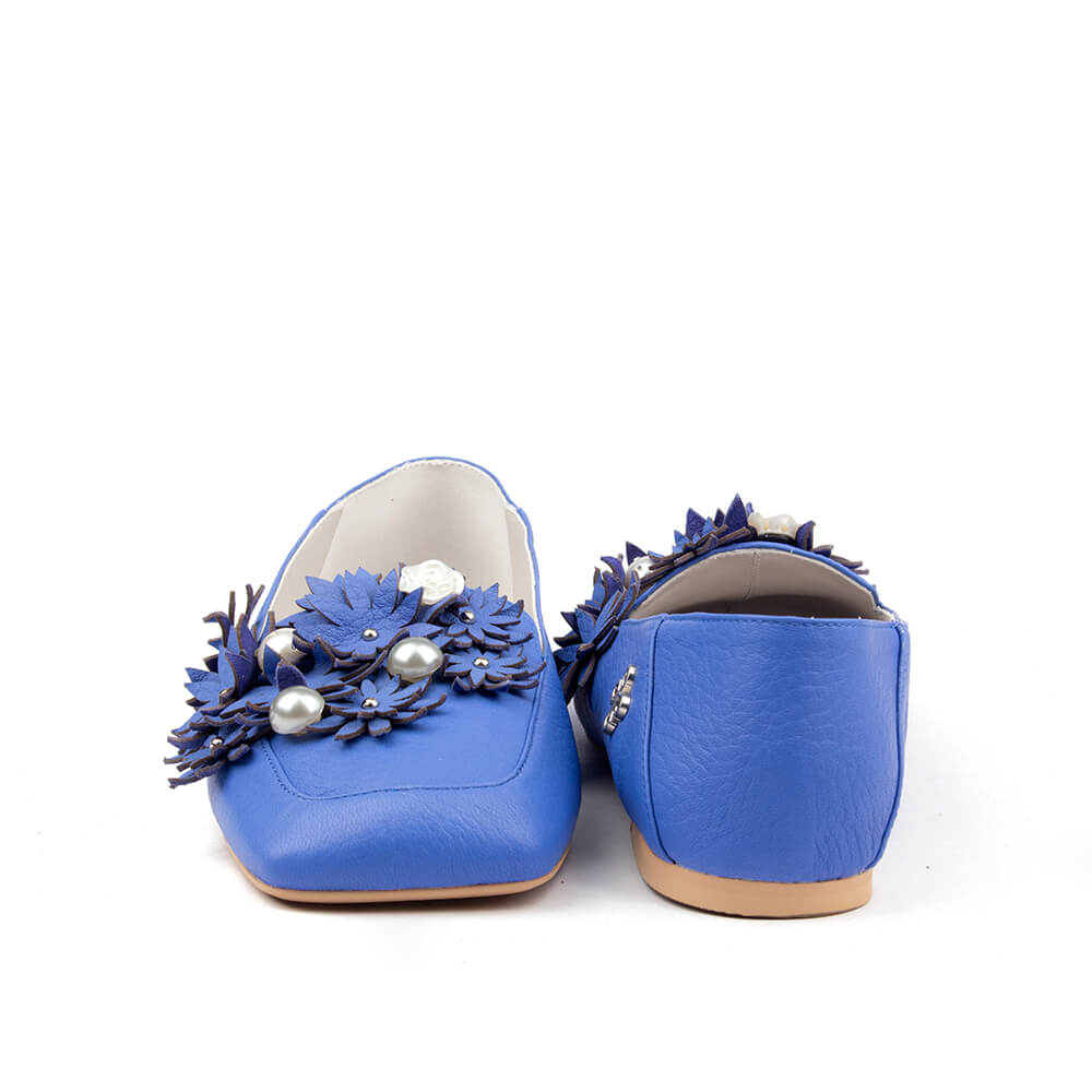 Women's floral embellished ballet flats cobalt blue leather daisy
