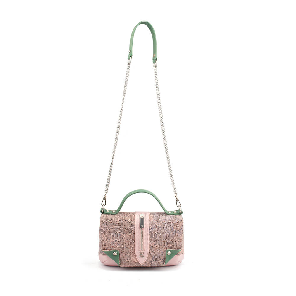 Pink iridescent snake print bag with silver zip pull and signature logo detail