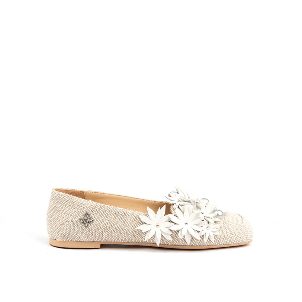Women's linen blanc woven textile floral pearl ballet flats natural