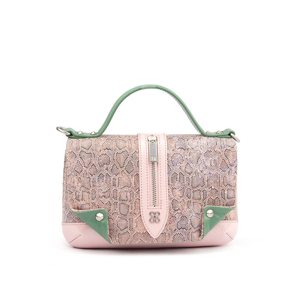 Snake embossed leather mini flap bag in blush pink with green trim and stud corners
