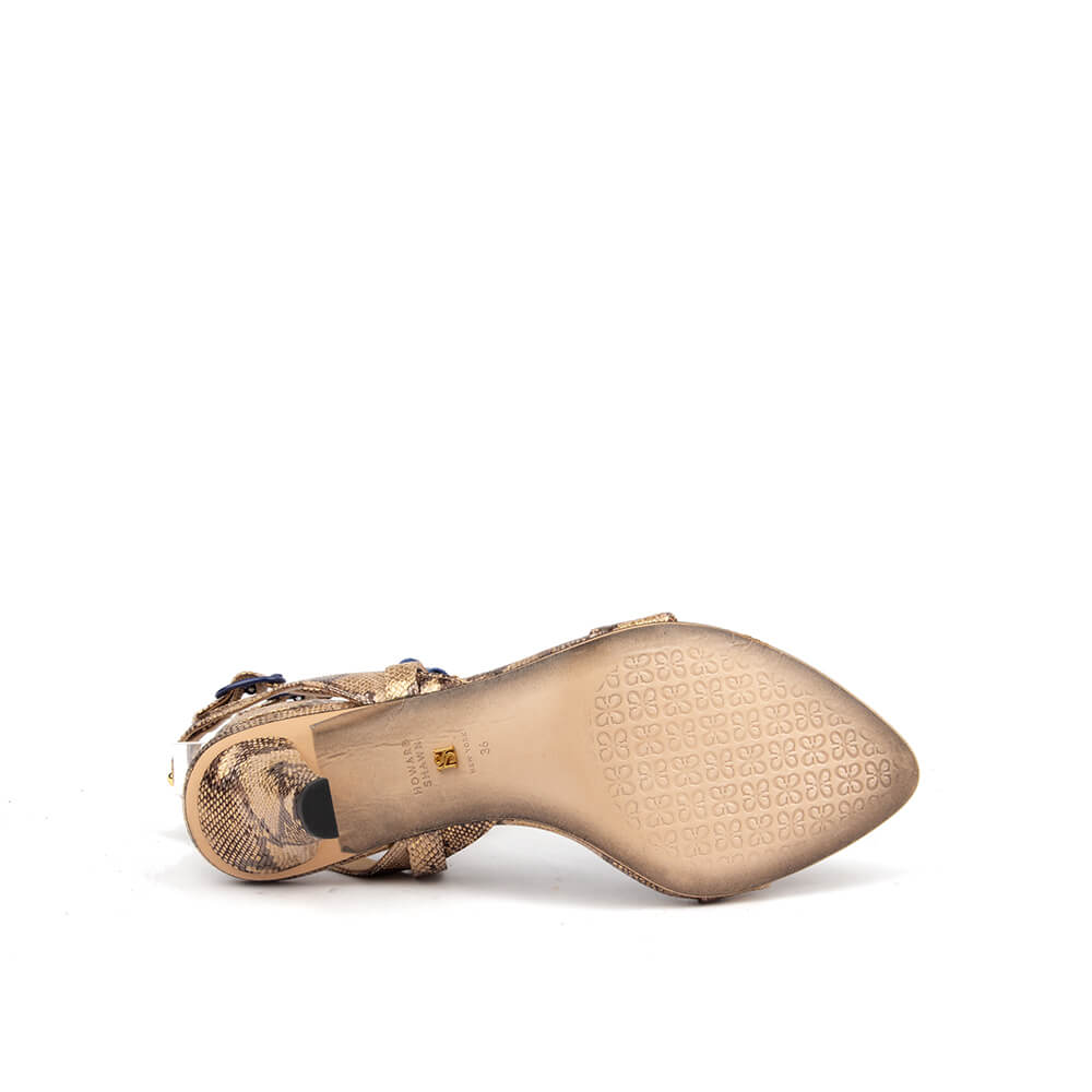 Golden cobra snake print ankle wrap sandals gold stud kitten heel