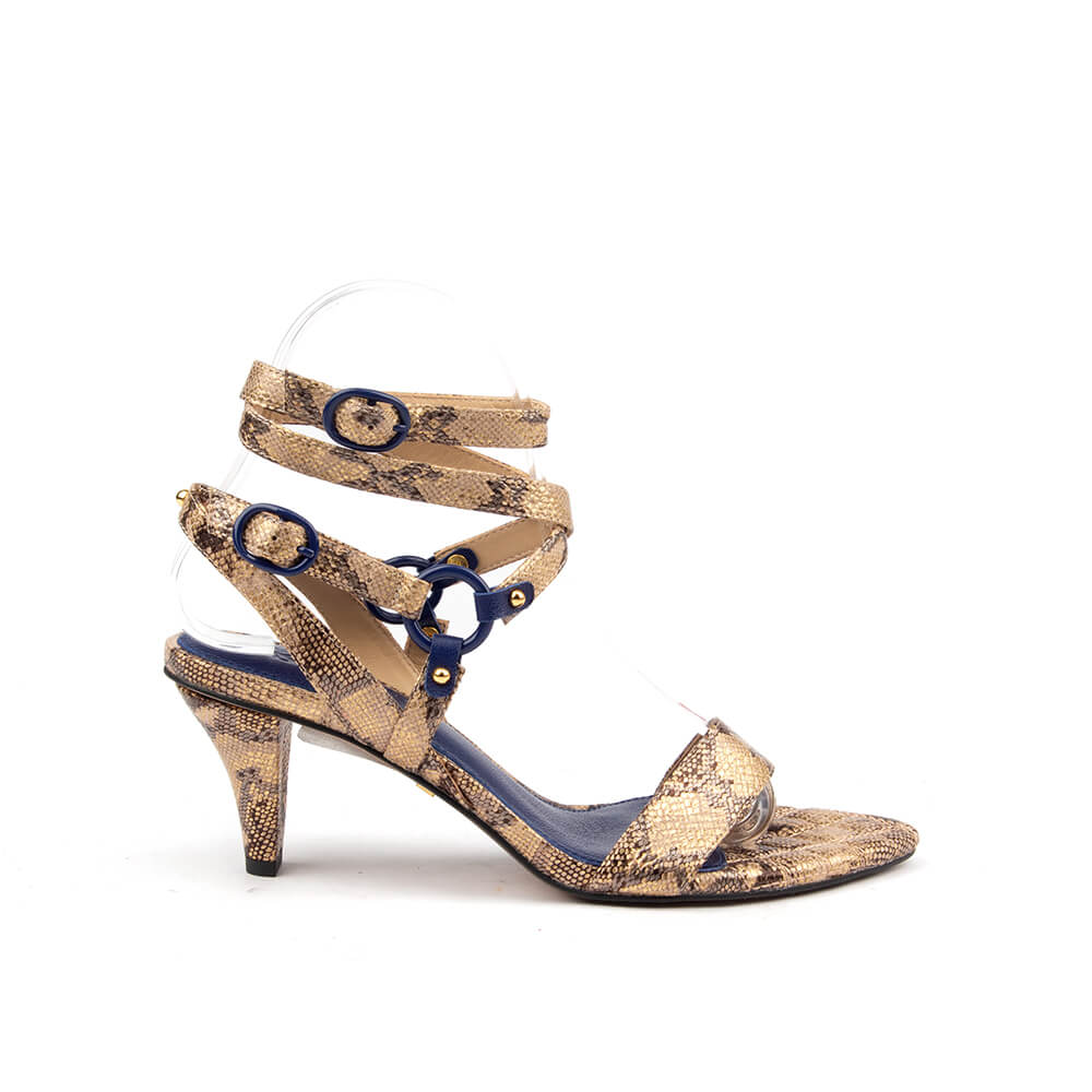 Women's golden cobra bronze snake print kitten heel sandals navy
