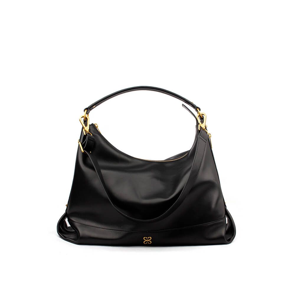 Large black leather hobo shoulder bag with gold hardware and logo emblem
