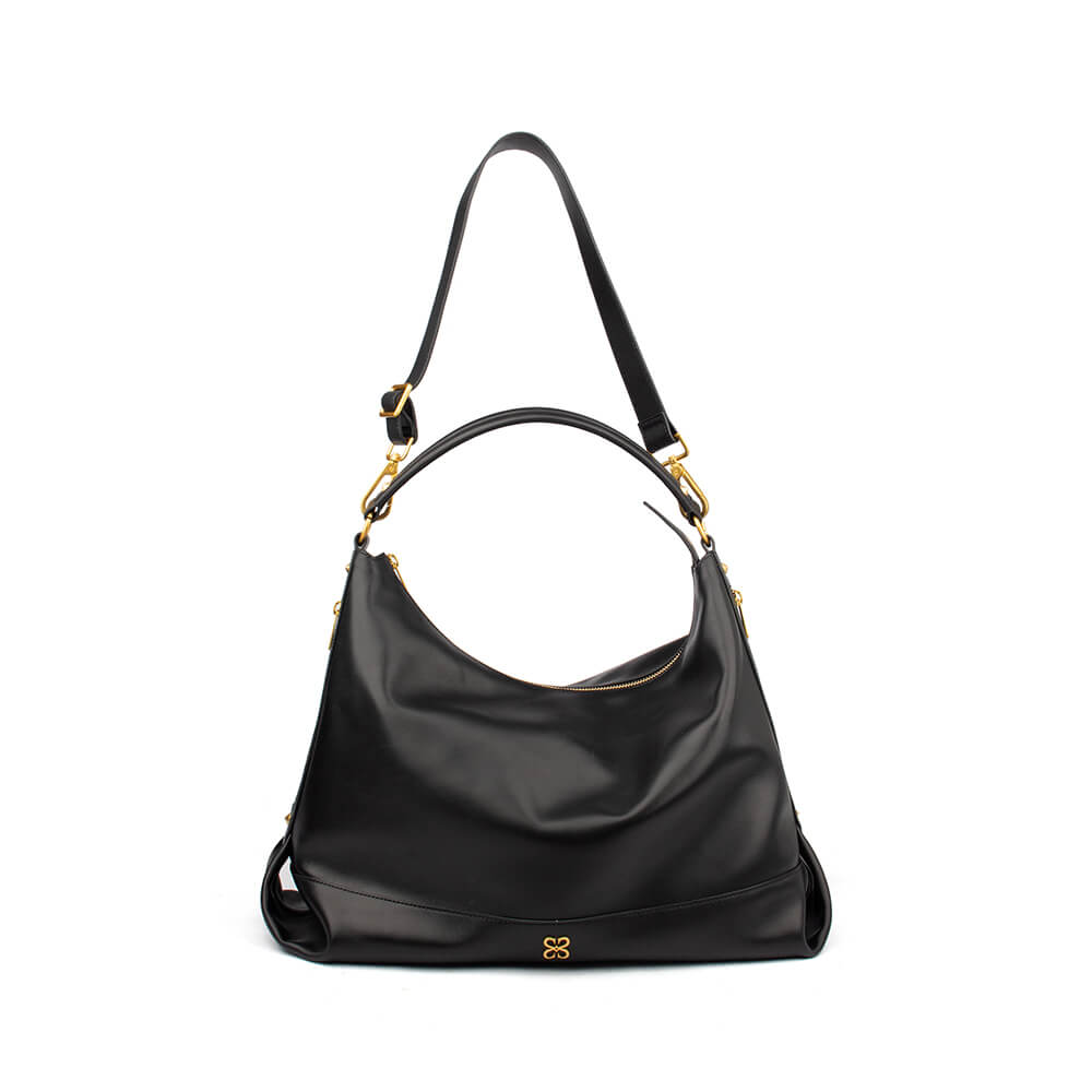Large black shoulder bag with embossed logo and gold swivel clip detail