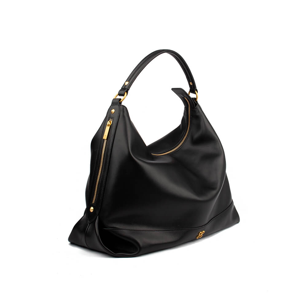 Women's smooth black leather hobo bag with gold swivel hook detail